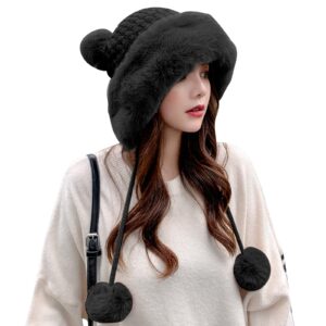 peicees winter beanie hats for women warm knit skull cap fur hat with pompom russian ushanka trapper hat ear cover black