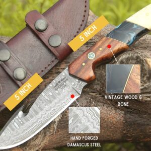 SHOKUNIN USA CaptainHook Hunting Knife High Carbon Steel Damascus Fixed Blade Full Tang Survival Tactical Knife with Sheath and Non-Slip Ergonomic Handle for Outdoor Camping