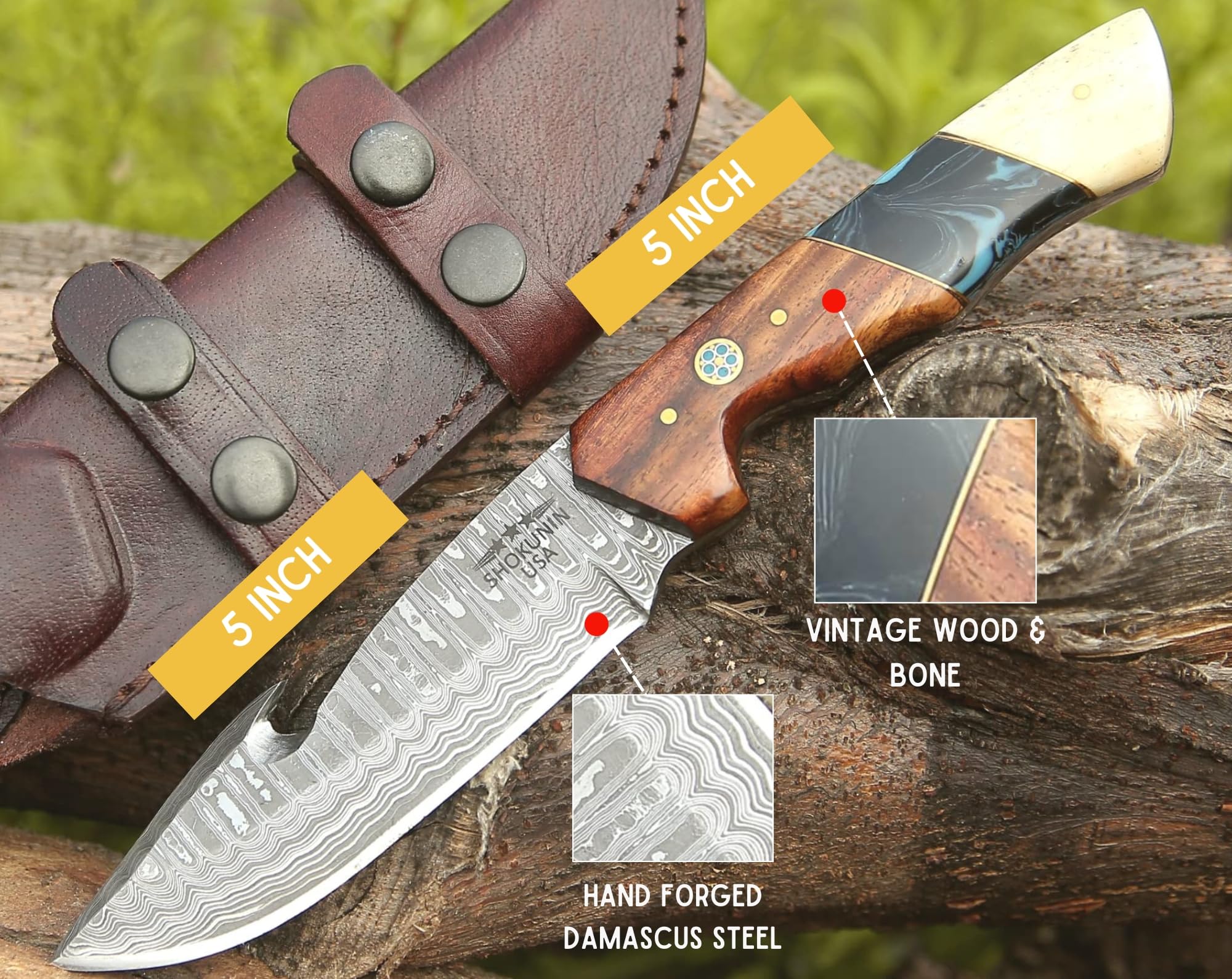 SHOKUNIN USA CaptainHook Hunting Knife High Carbon Steel Damascus Fixed Blade Full Tang Survival Tactical Knife with Sheath and Non-Slip Ergonomic Handle for Outdoor Camping