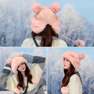 Peicees Winter Beanie Hats for Women Warm Knit Skull Cap Fur Hat with Pompom Russian Ushanka Trapper Hat Ear Cover Black