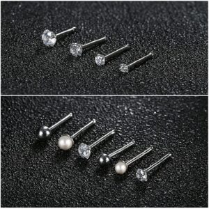 Sllaiss 12Pcs Sterling Silver Nose Rings Studs for Women Multiple Styles Tiny Ball Pearl CZ Nose Studs Nose Piercing Jewelry 1.5mm 2mm 2.5mm 3mm