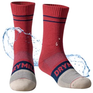 drymile mountain waterproof wool socks, winter waterproof socks for wading, camping, hiking, fishing, skiing - crew (x-large, maroon/navy)