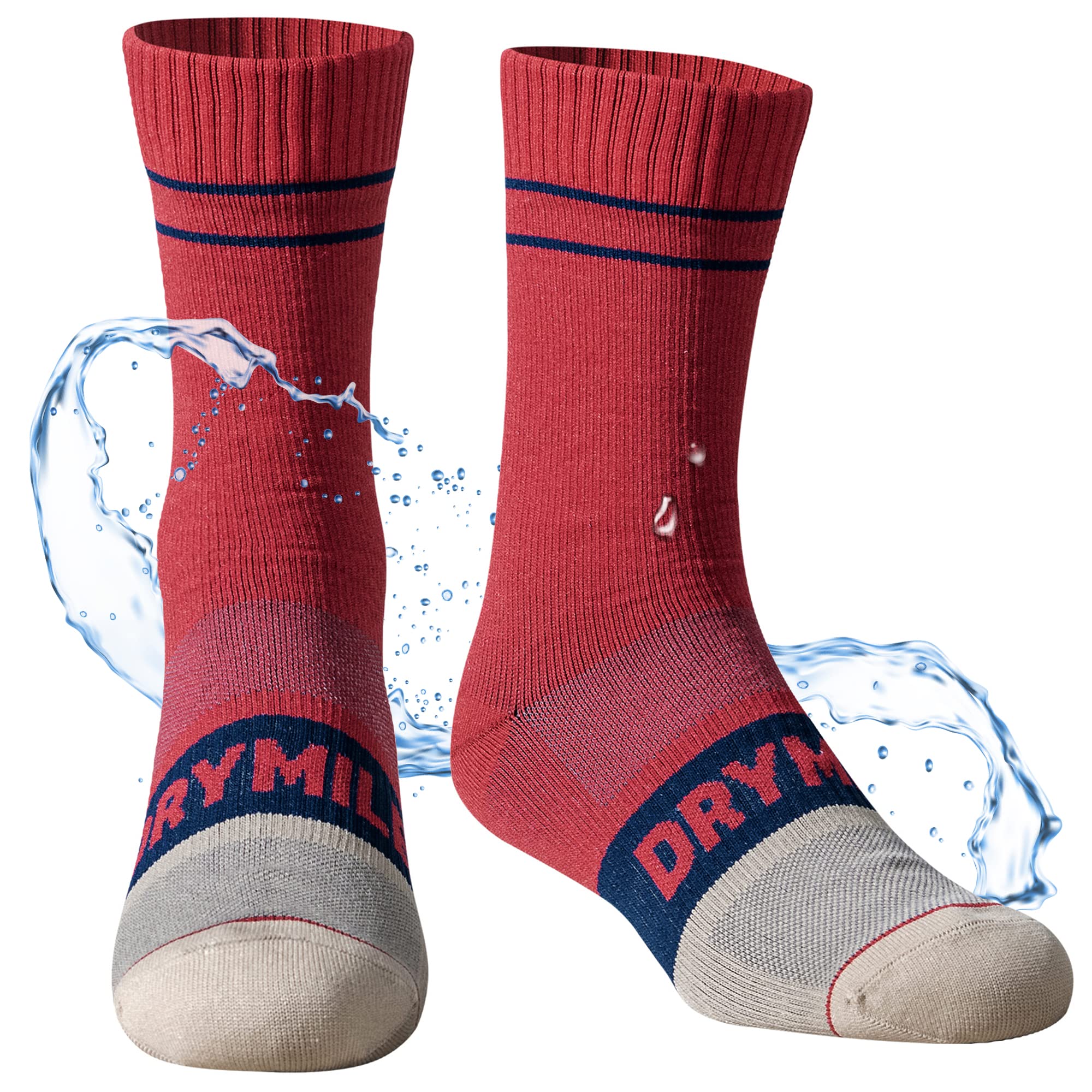 DRYMILE Mountain Waterproof Wool Socks, Winter Waterproof Socks for Wading, Camping, Hiking, Fishing, Skiing - Crew (Small, Maroon/Navy)