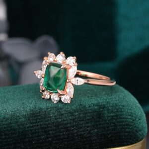 Frayerr 4 Claw Prongs Long Sugar Loaf Cut Cushion Emerald Ring - Prong Set Round & Marquise Moissanite Halo 14K Gold Engagement Ring - Vintage Emerald Wedding Anniversary Ring For Wife - Art Deco Emerald Birthstone Ring Gift For May Born Her (14K White Go