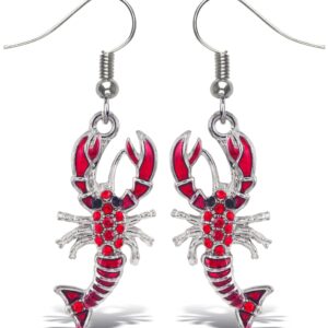 Aqua79 Red Lobster Silver Dangle Earrings - Fashion Jewelry Rhinestone Earring Hook Silver Jewelry, Zinc Alloy Fish Hook Earrings, Cute Earrings Perfect Summer Accessories for Women - 1 Inch