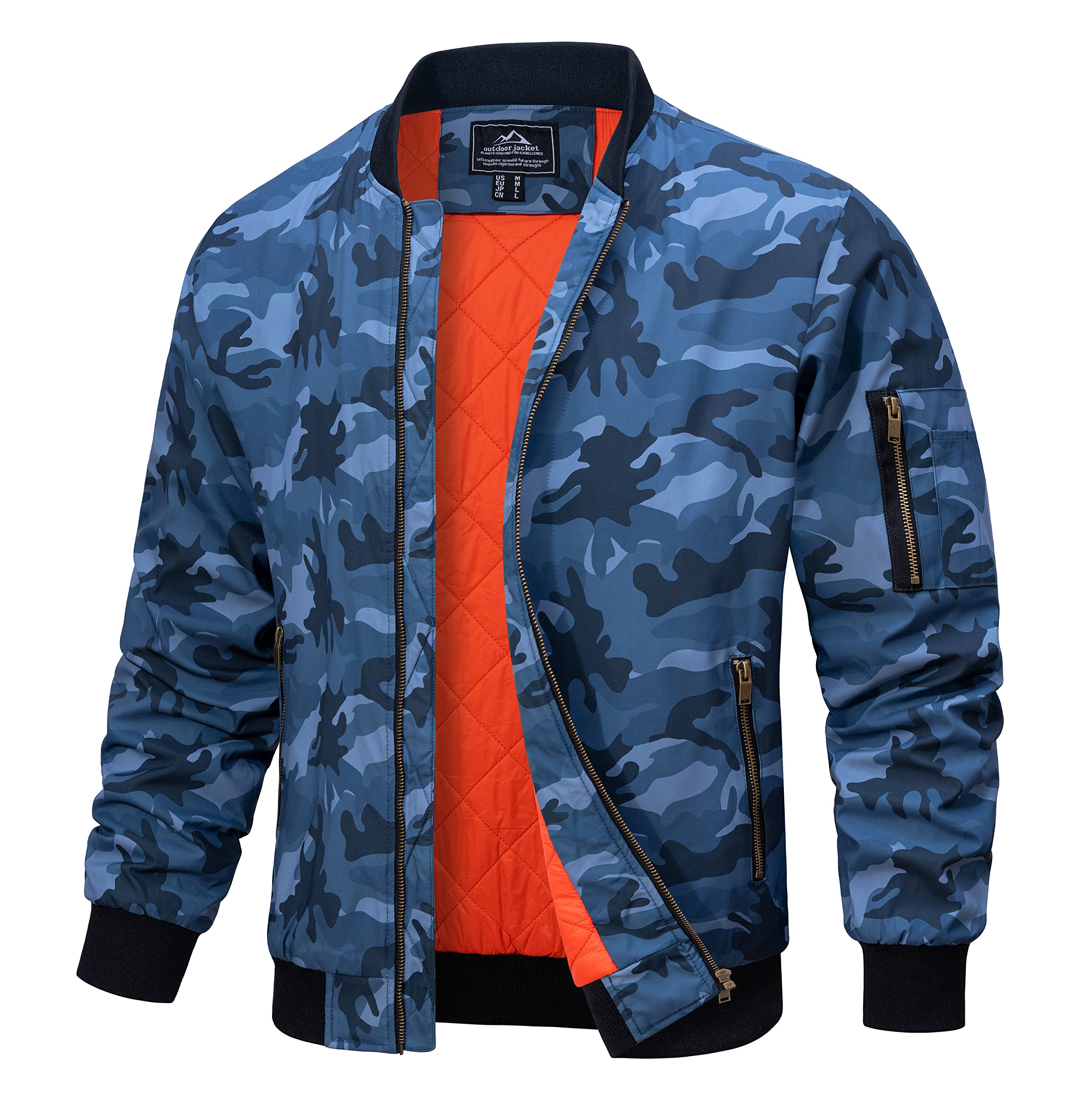 MAGCOMSEN Winter Bomber Jacket Men Quilted Lining Fall Coat Padded Windproof Warm Outerwear with Pockets Stylish Camouflage Blue M