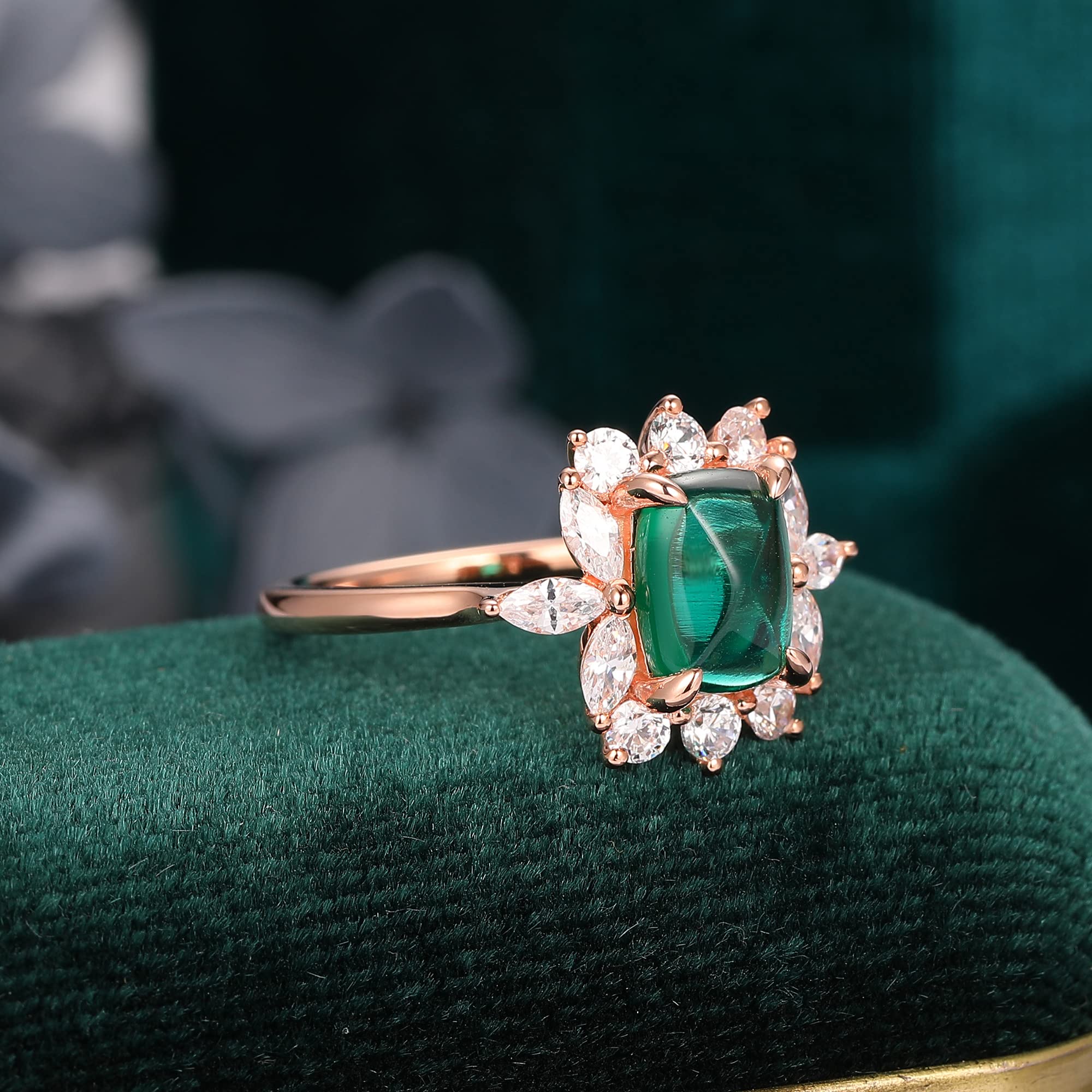 Frayerr 4 Claw Prongs Long Sugar Loaf Cut Cushion Emerald Ring - Prong Set Round & Marquise Moissanite Halo 14K Gold Engagement Ring - Vintage Emerald Wedding Anniversary Ring For Wife - Art Deco Emerald Birthstone Ring Gift For May Born Her (14K White Go