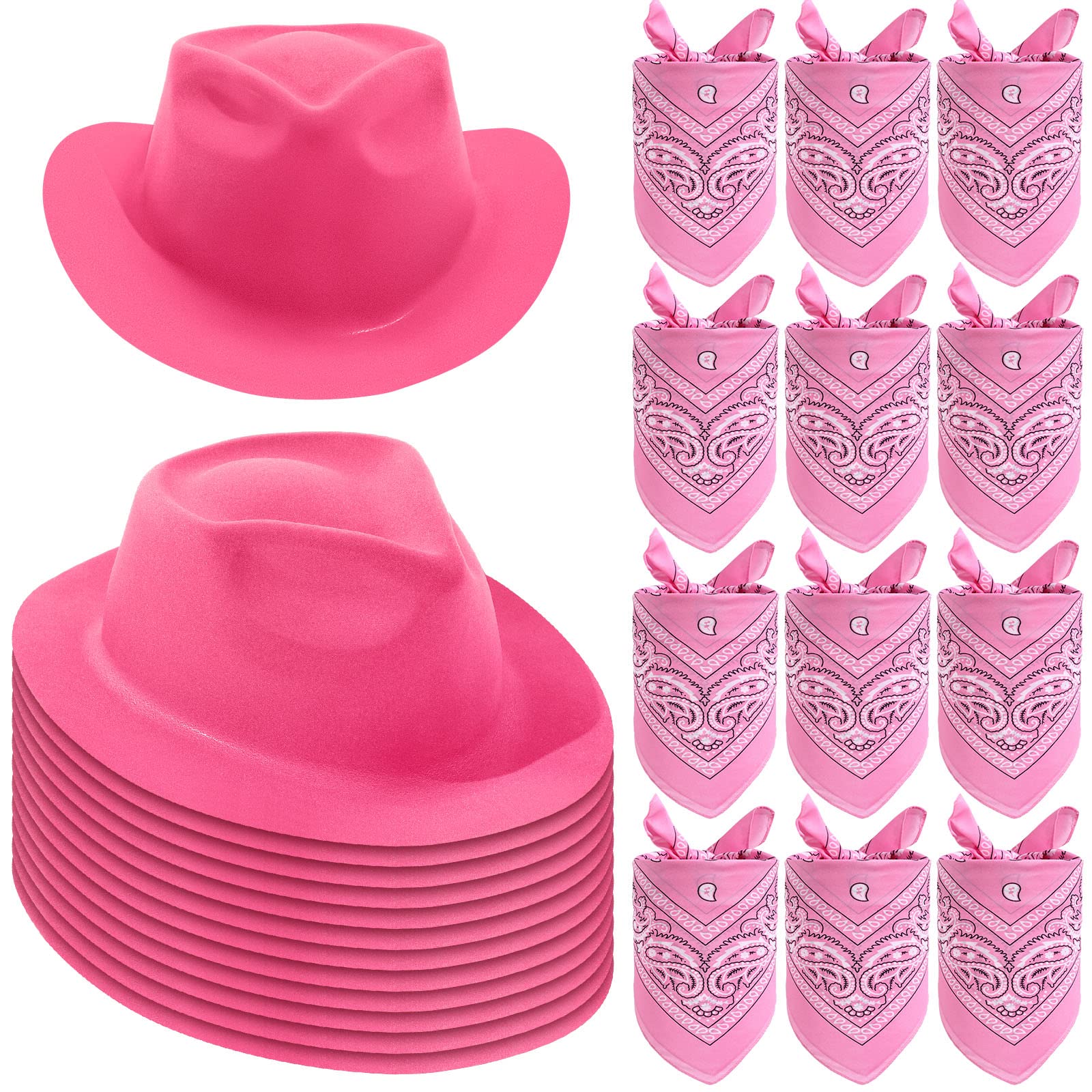 48 Pcs Western Pink Cowboy Party Hat Set with 24 Felt Hats and 24 Paisley Bandanas for Kids Costume