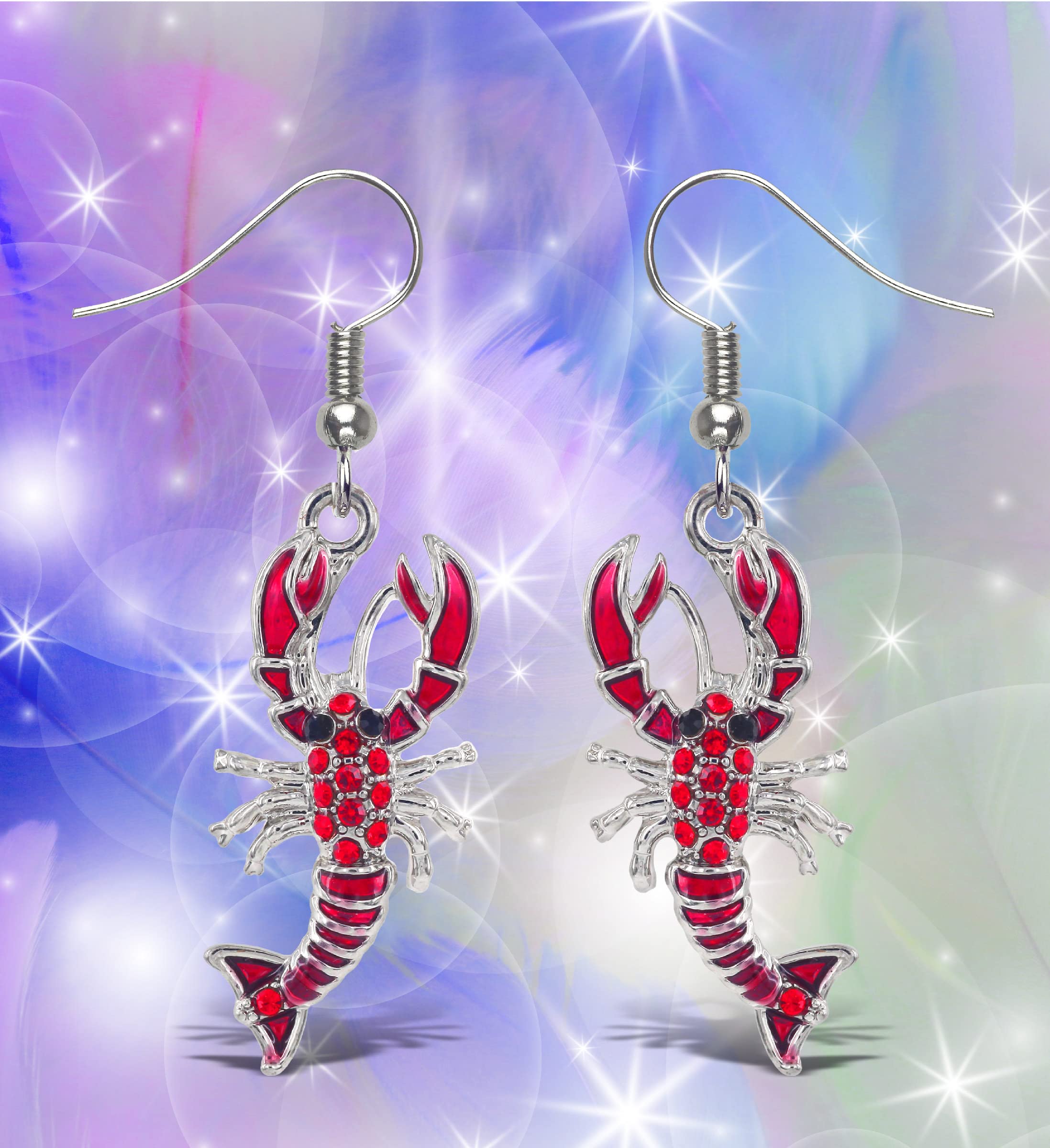 Aqua79 Red Lobster Silver Dangle Earrings - Fashion Jewelry Rhinestone Earring Hook Silver Jewelry, Zinc Alloy Fish Hook Earrings, Cute Earrings Perfect Summer Accessories for Women - 1 Inch