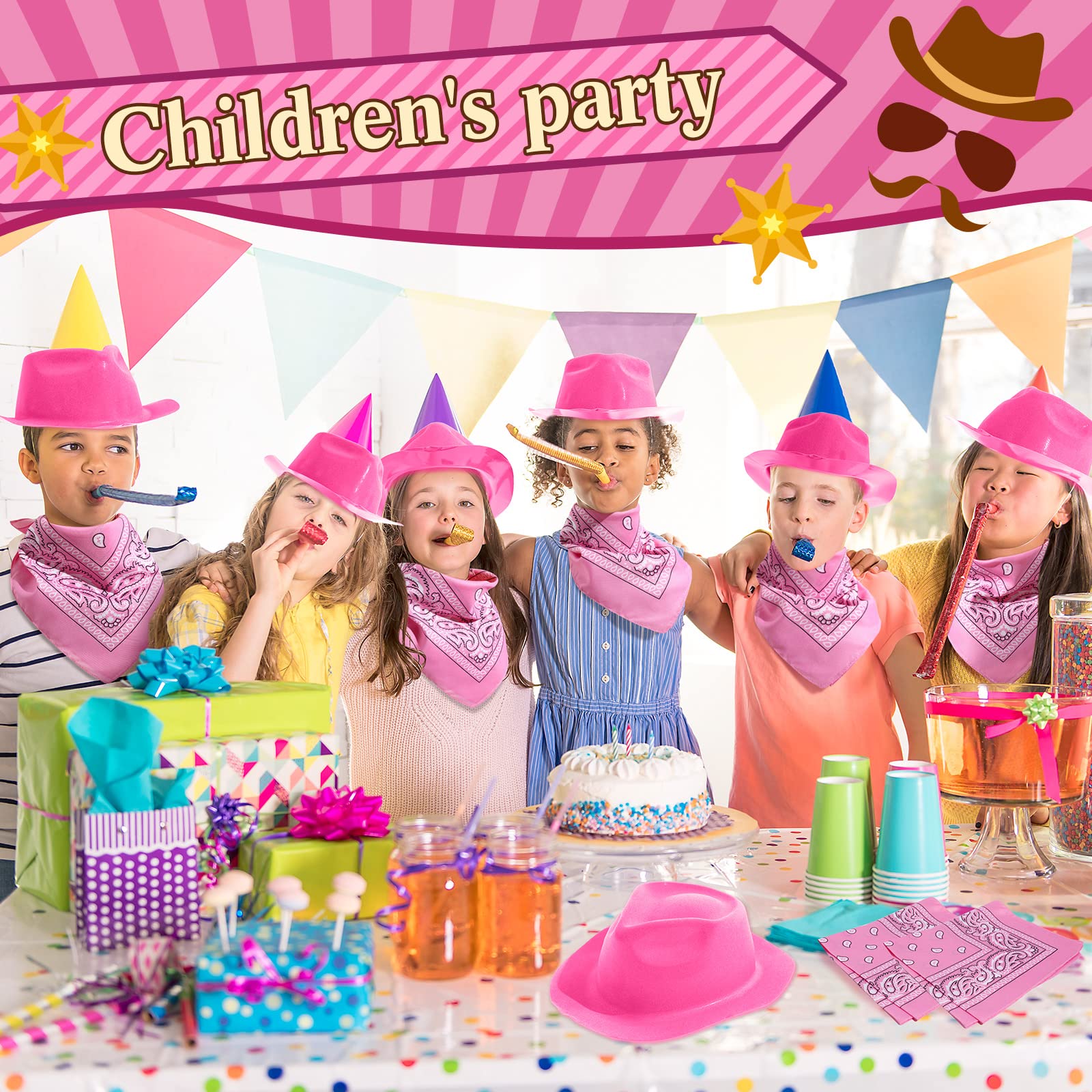 48 Pcs Western Pink Cowboy Party Hat Set with 24 Felt Hats and 24 Paisley Bandanas for Kids Costume