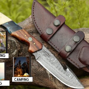 SHOKUNIN USA CaptainHook Hunting Knife High Carbon Steel Damascus Fixed Blade Full Tang Survival Tactical Knife with Sheath and Non-Slip Ergonomic Handle for Outdoor Camping