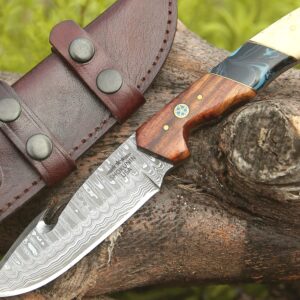 SHOKUNIN USA CaptainHook Hunting Knife High Carbon Steel Damascus Fixed Blade Full Tang Survival Tactical Knife with Sheath and Non-Slip Ergonomic Handle for Outdoor Camping