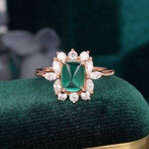 Frayerr 4 Claw Prongs Long Sugar Loaf Cut Cushion Emerald Ring - Prong Set Round & Marquise Moissanite Halo 14K Gold Engagement Ring - Vintage Emerald Wedding Anniversary Ring For Wife - Art Deco Emerald Birthstone Ring Gift For May Born Her (14K White Go