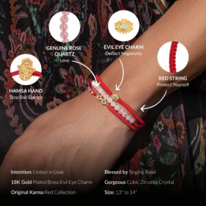 KARMA AND LUCK Red String Wrap-Bracelet for Women, 18K Gold Evil Eye Charm, Real Rose Quartz Beads, & Hamsa Button Closure, Made in Bali, Size 13”-14”