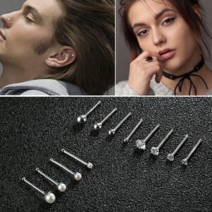 Sllaiss 12Pcs Sterling Silver Nose Rings Studs for Women Multiple Styles Tiny Ball Pearl CZ Nose Studs Nose Piercing Jewelry 1.5mm 2mm 2.5mm 3mm