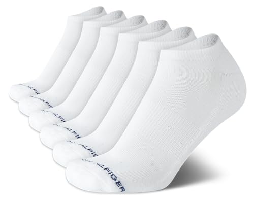 Tommy Hilfiger Men's Athletic Socks - Cushion No Show Ankle Socks (6 Pack), Size Shoe Size 7-12, Pure White