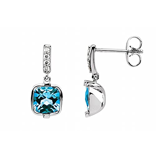 14k White Gold Swiss Blue Topaz & Diamond Dangle Drop Earring Pair