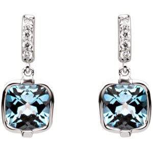 14k White Gold Swiss Blue Topaz & Diamond Dangle Drop Earring Pair