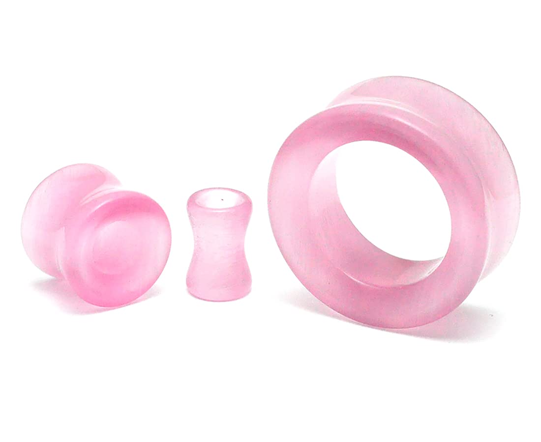 Mystic Metals Body Jewelry Pair of Pink Cat Eye Stone Concave Double Flare Tunnels (STN-684) (0g (8mm))