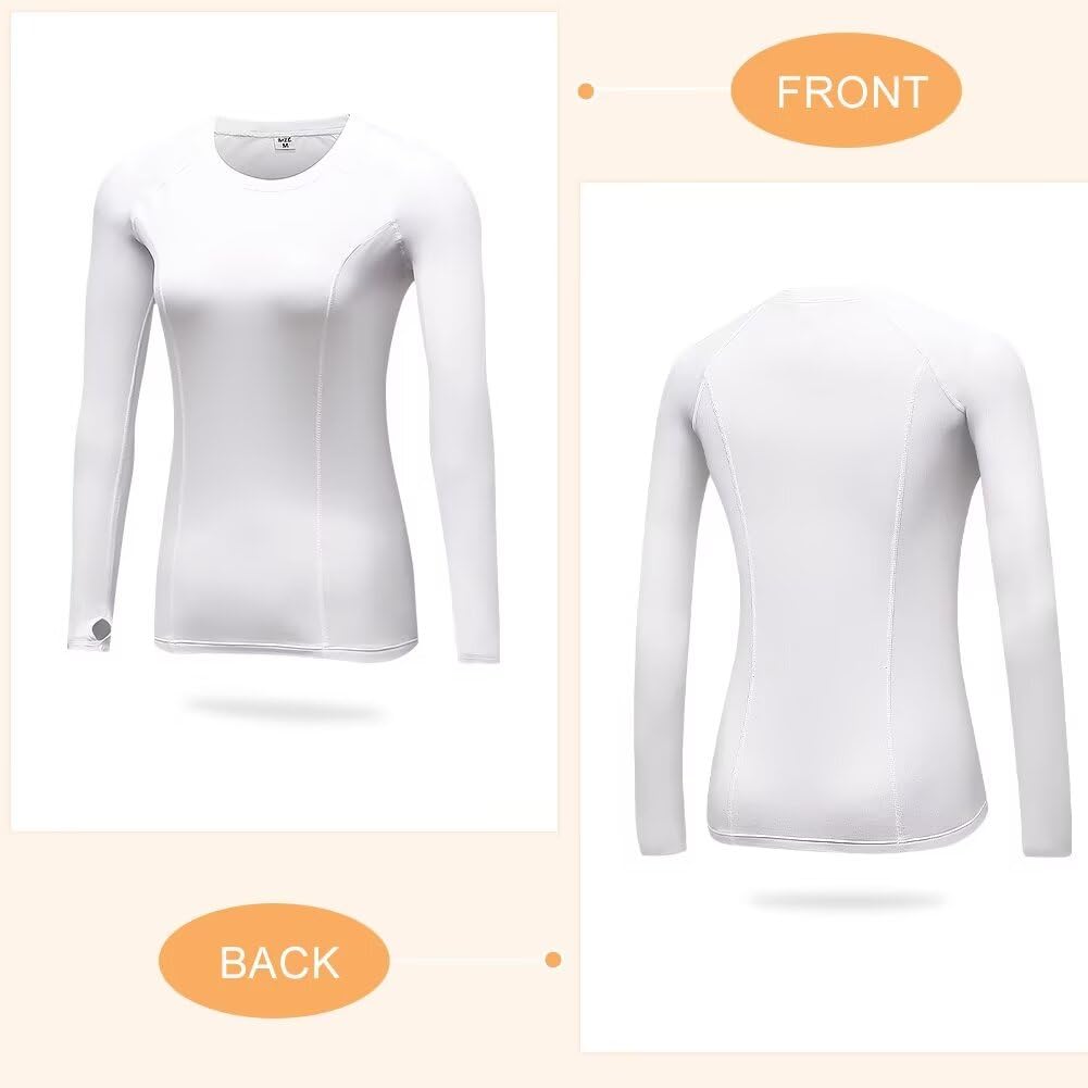 TERODACO Womens Thermal Shirts Fleece Lined Long Sleeve Quick Dry Shirt Ski Base Layer Yoga Shirts Athletic Workout Tops Compression Thumb Holes Shirt for Women 5021 White XL