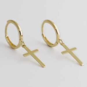 14K Real Solid Gold Cross Huggies Hoop Earrings Dainty Minimalist Gold Cross Charm Pendant Dangle Drop Huggies Hoop Earring Religious Jewelry (14K Yellow Gold)