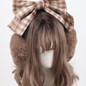 Cute Bow Winter Warm Earmuffs Headband Furry Plush Ear Covers for Halloween Outdoor Cold Weather (Brown) One Size