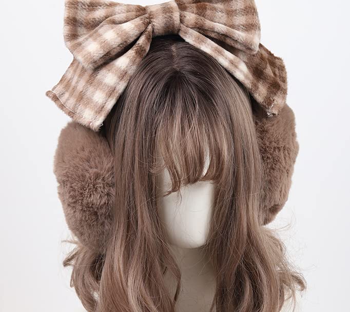 Cute Bow Winter Warm Earmuffs Headband Furry Plush Ear Covers for Halloween Outdoor Cold Weather (Brown) One Size