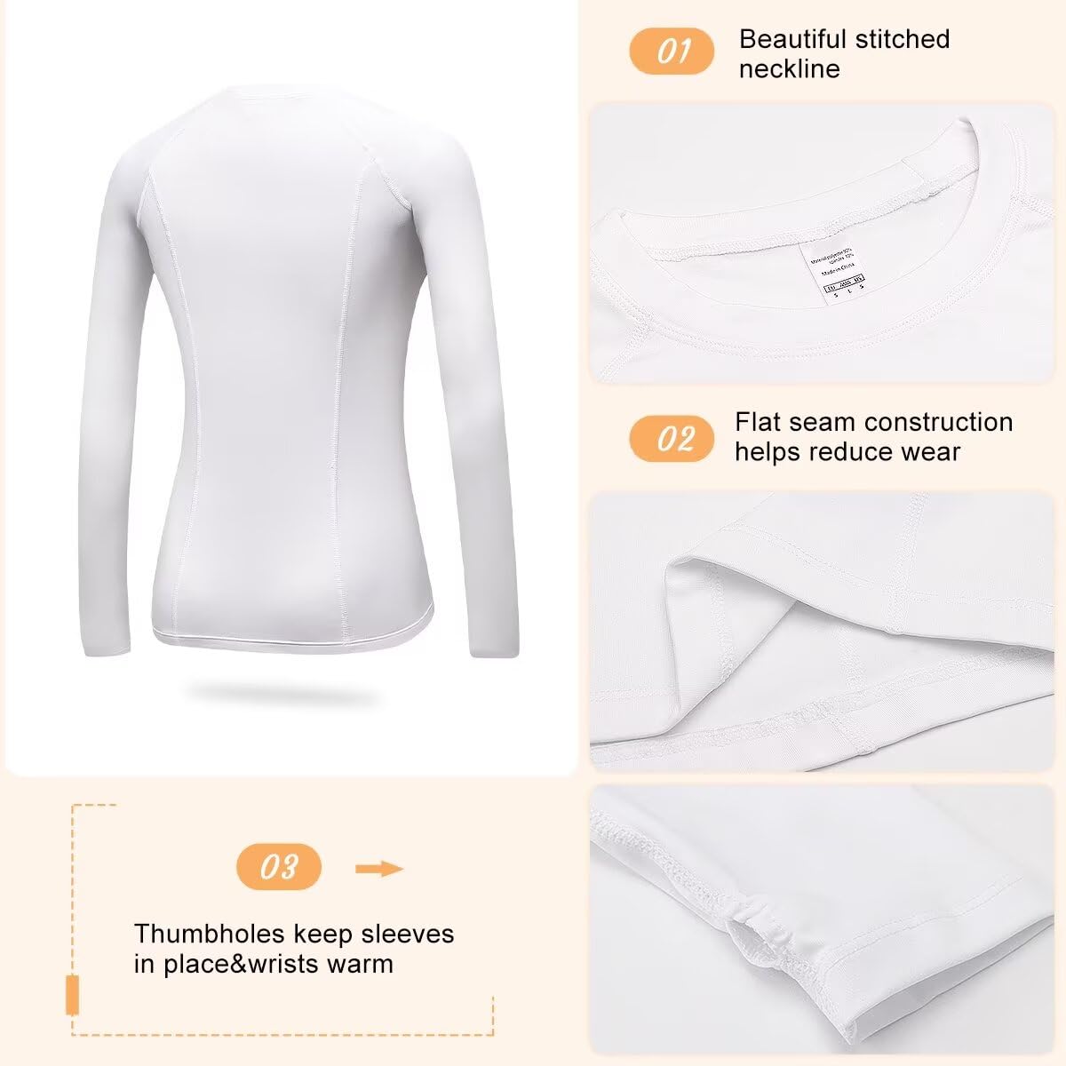 TERODACO Womens Thermal Shirts Fleece Lined Long Sleeve Quick Dry Shirt Ski Base Layer Yoga Shirts Athletic Workout Tops Compression Thumb Holes Shirt for Women 5021 White XL