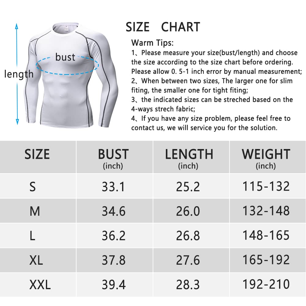 CARGFM Men's Compression Shirts Long Sleeve Gym Athletic Gym Workout Undershirts Active Dry Fit Base Layer Running Top White