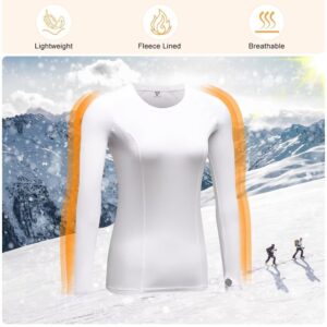 TERODACO Womens Thermal Shirts Fleece Lined Long Sleeve Quick Dry Shirt Ski Base Layer Yoga Shirts Athletic Workout Tops Compression Thumb Holes Shirt for Women 5021 White XL