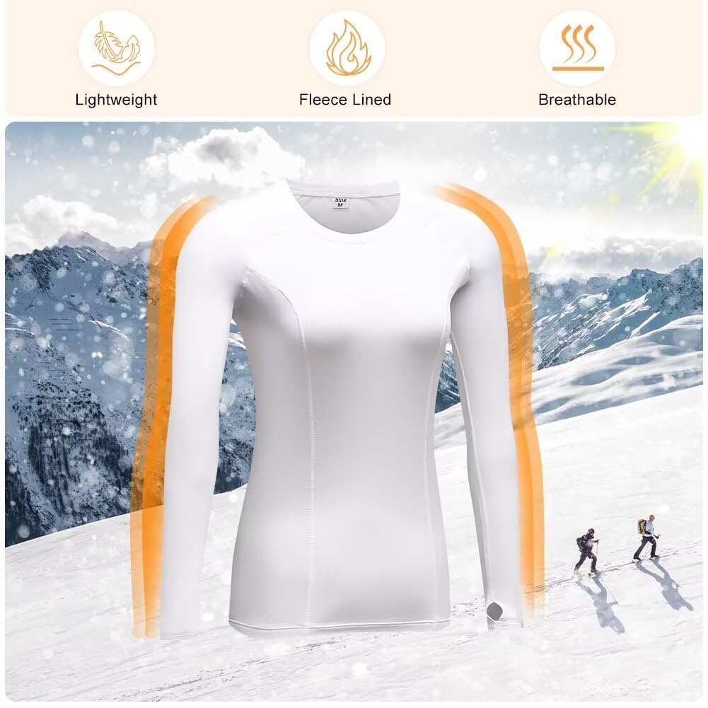 TERODACO Womens Thermal Shirts Fleece Lined Long Sleeve Quick Dry Shirt Ski Base Layer Yoga Shirts Athletic Workout Tops Compression Thumb Holes Shirt for Women 5021 White XL