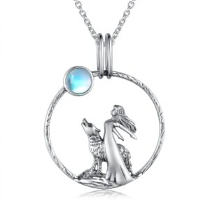 SVODEA Moonstone Wolf Necklace for Women 925 Sterling Silver Created Cubic Zirconia Moon Wolf Pendant Necklaces Animal Wolf Jewelry Gifts for Women Wife (Style-2)