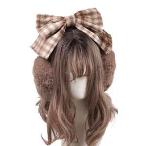 cute bow winter warm earmuffs headband furry plush ear covers for halloween outdoor cold weather (brown) one size