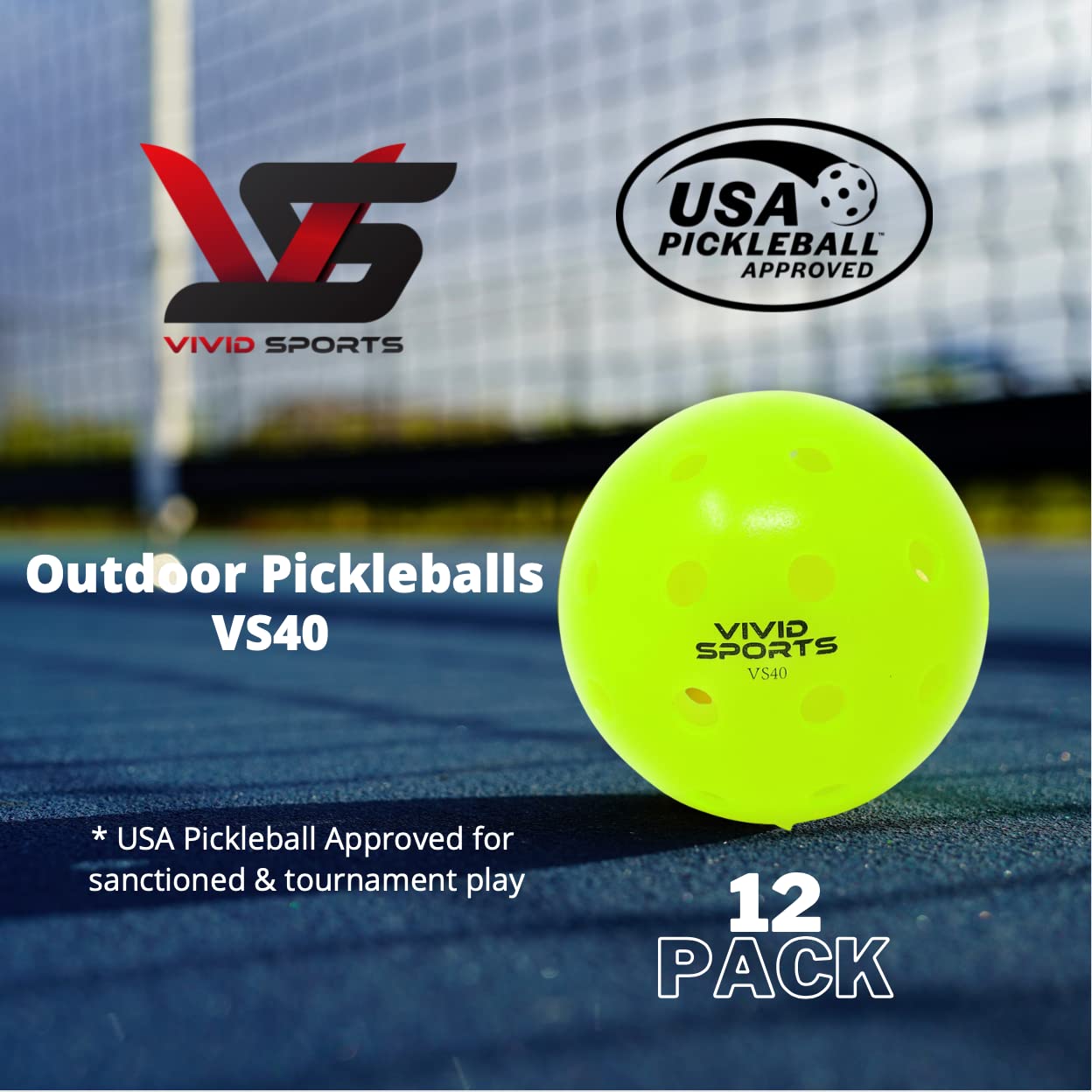 Vivid Sports Outdoor Pickleballs | 12 Pack | 6 Pack | USA Pickleball Approved & Sanctioned for Tournament Play, Pickleball Balls with Mesh Carry Bag