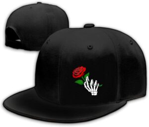 tijeyi flat bill brim hats for men baseball cap black snapback hat for women fitted skull decor skeleton hand rose flower