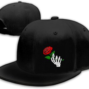 Tijeyi Flat Bill Brim Hats for Men Baseball Cap Black Snapback Hat for Women Fitted Skull Decor Skeleton Hand Rose Flower