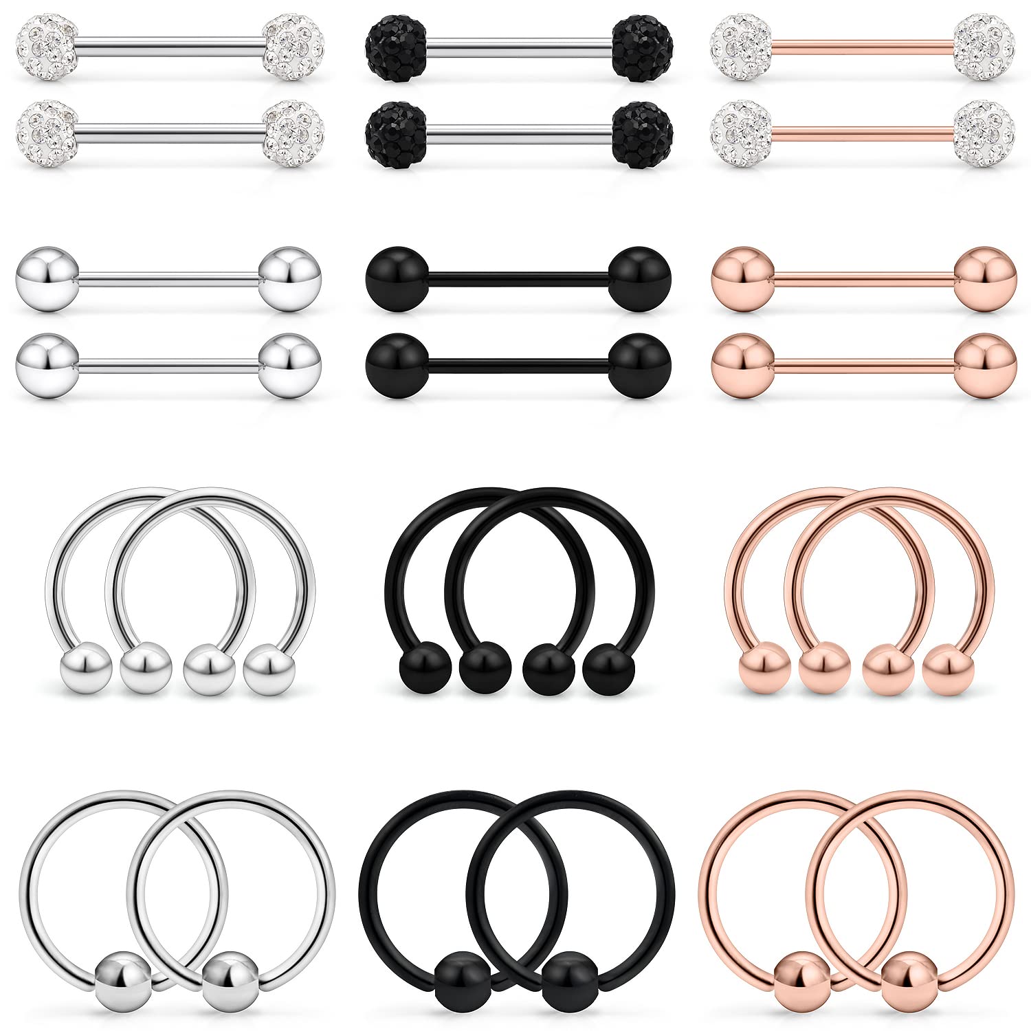 Lcolyoli 14G Nipple Rings Surgical Steel Nipple Piercing Jewelry Set Horseshoe Barbell & Captive Bead Rings Nipple Hoop Nipple Barbell Bars for Women