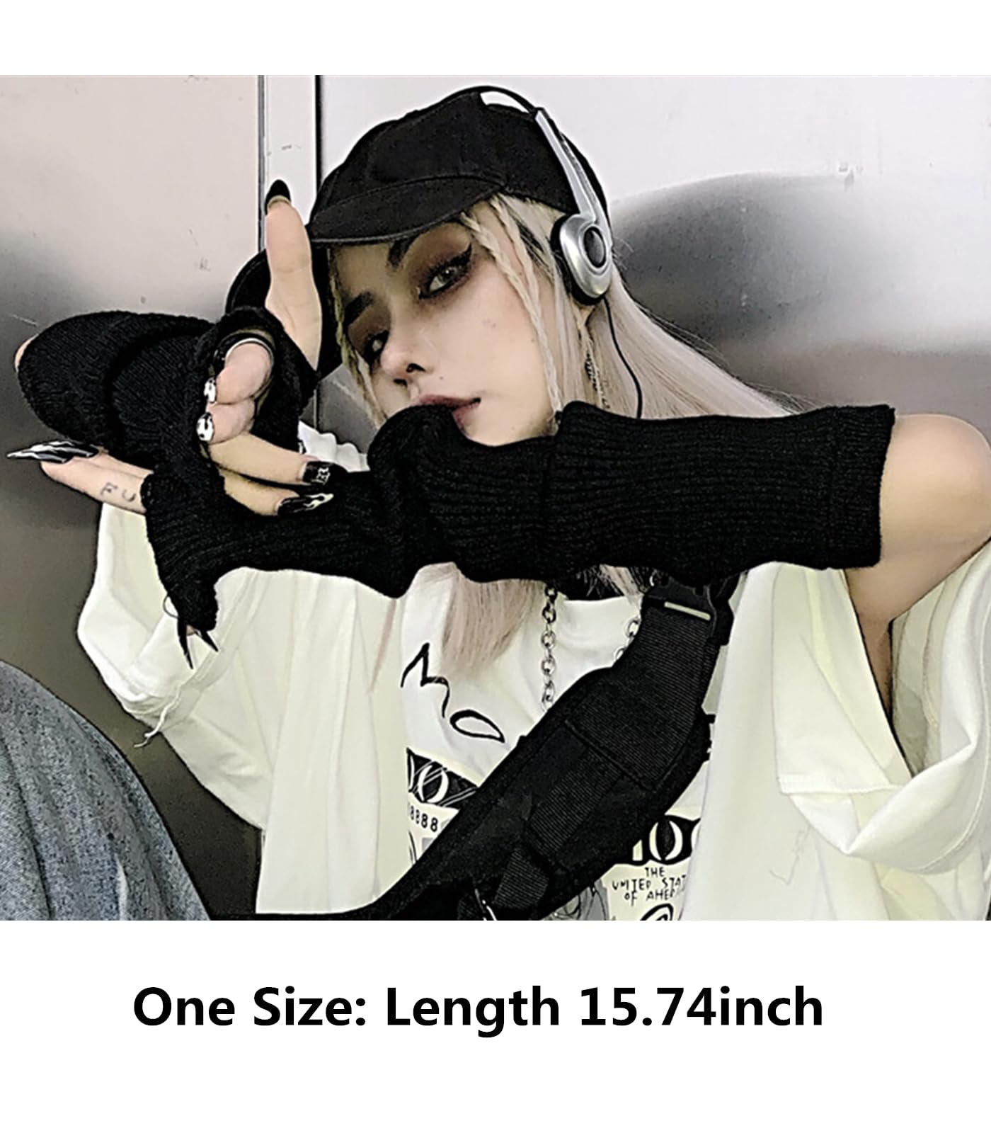 URAWESO Goth Gloves Emo Fingerless Arm Warmers Gothic Steam Punk Thumbhole Ripped Hip Hop Arm Sleeves Cosplay