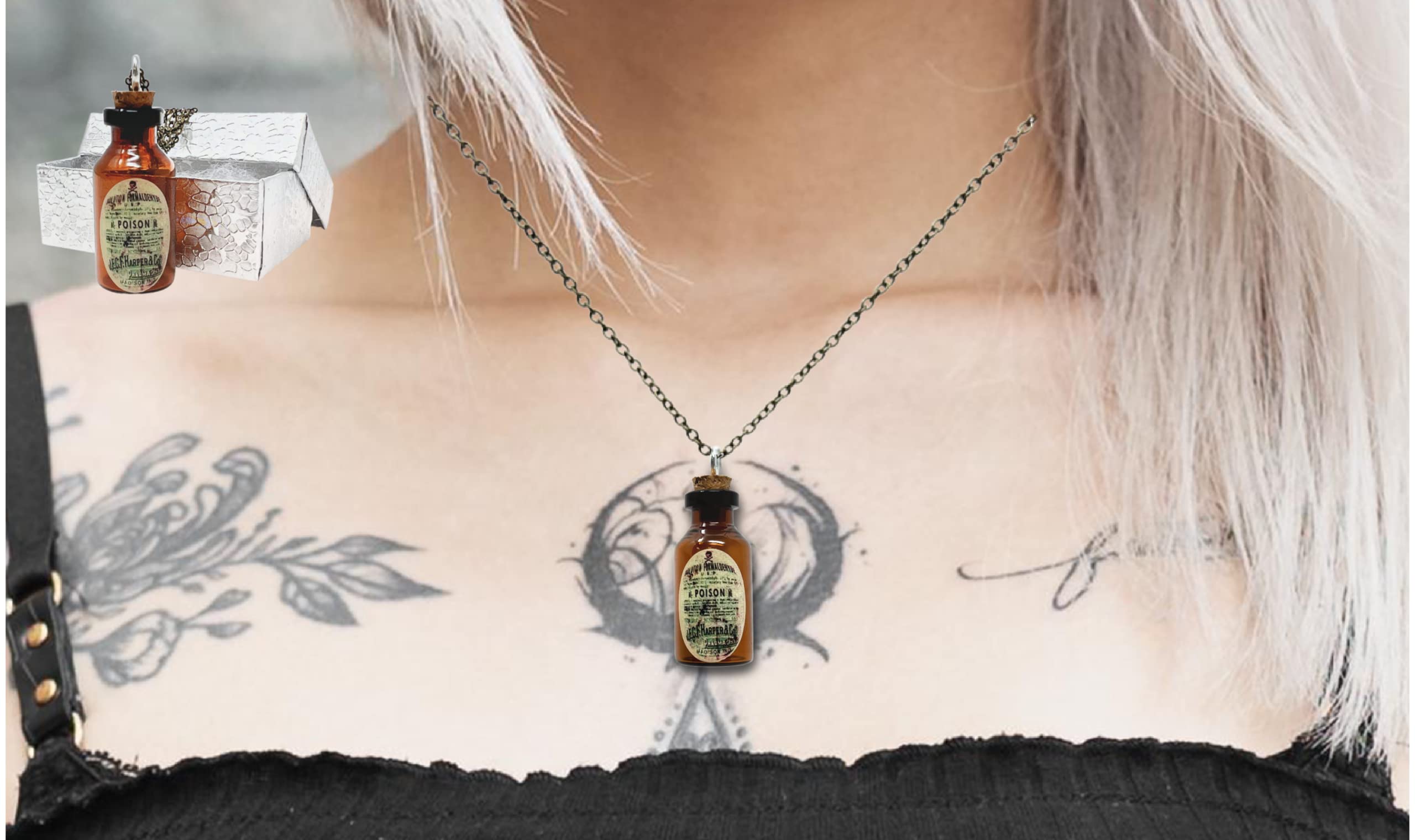 UMBRELLALABORATORY Goth necklace jewelry for women Steampunk Gothic Lolita costume accessories apothecary potion glass tiny jar bottle with handmade Halloween apothecary sticker