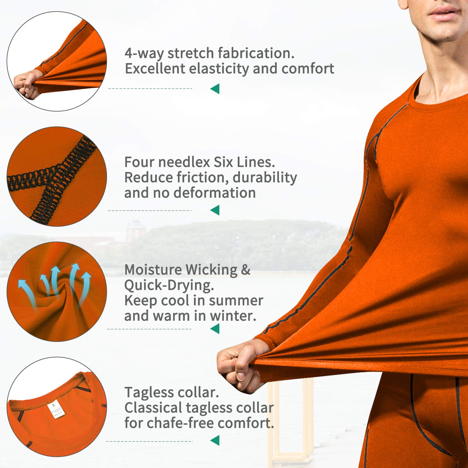 CARGFM Men's Compression Shirts Long Sleeve Gym Athletic Gym Workout Undershirts Active Dry Fit Base Layer Running Top Orange