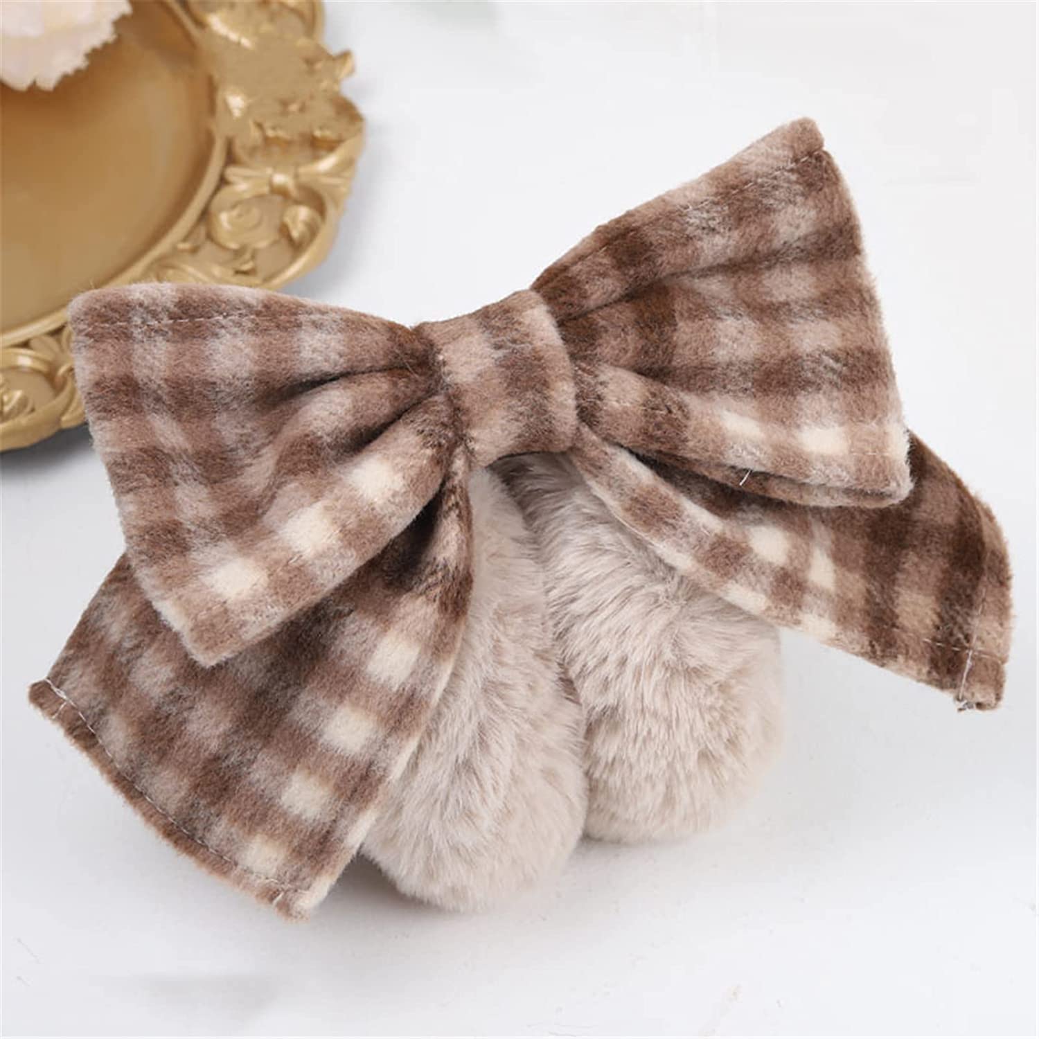 Cute Bow Winter Warm Earmuffs Headband Furry Plush Ear Covers for Halloween Outdoor Cold Weather (Brown) One Size