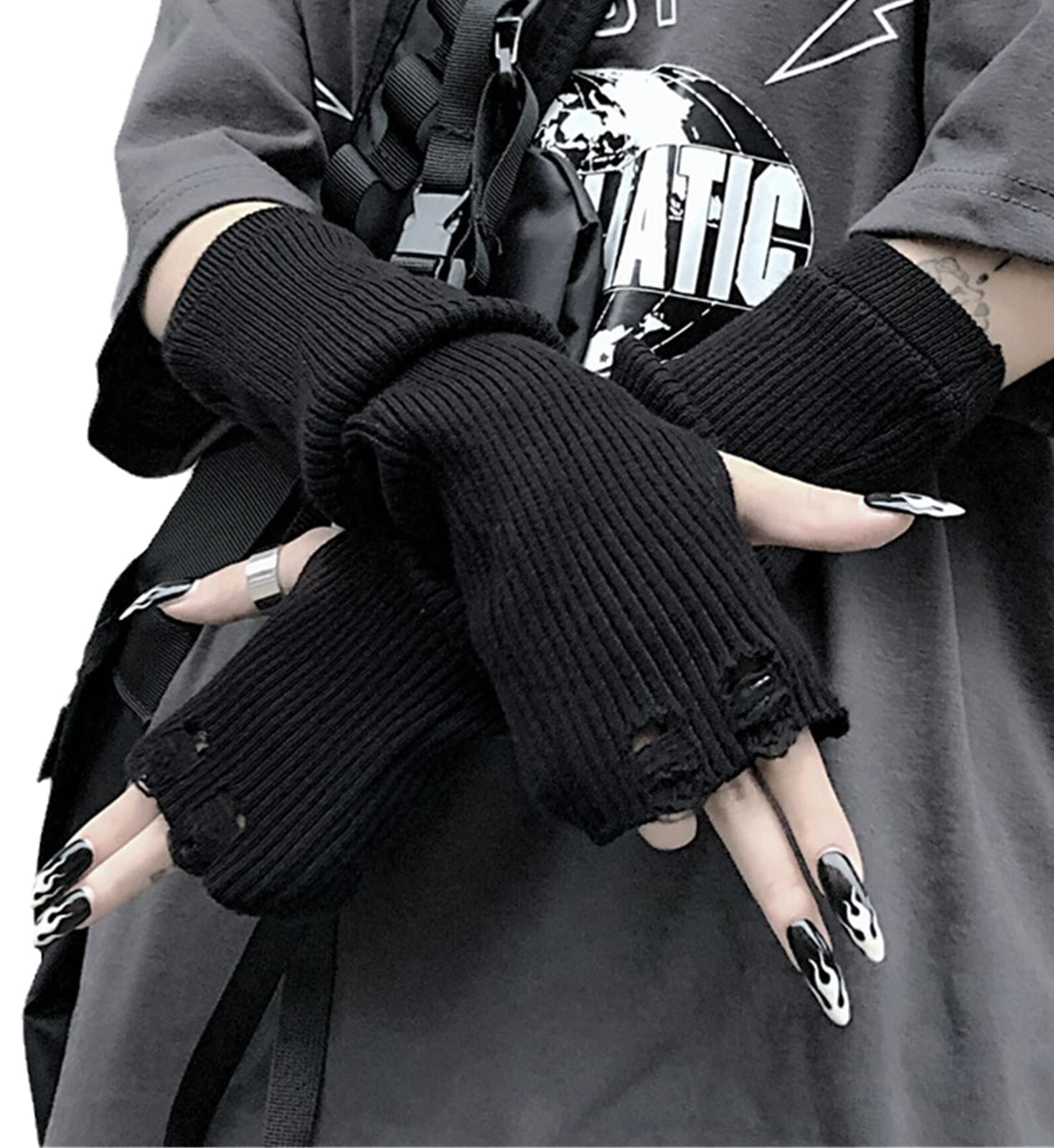 URAWESO Goth Gloves Emo Fingerless Arm Warmers Gothic Steam Punk Thumbhole Ripped Hip Hop Arm Sleeves Cosplay