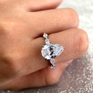 Rinxes Women's Engagement rings 8*12mm Pear Cut 4 CT D Color VVS1 925 Silver Wedding Anniversary Moissanite Ring For Women Size 5-10 (Moissanite, 5.5)