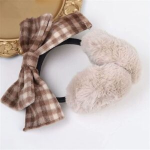 Cute Bow Winter Warm Earmuffs Headband Furry Plush Ear Covers for Halloween Outdoor Cold Weather (Brown) One Size