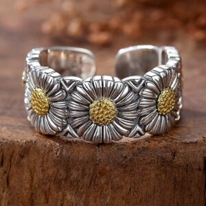 Wide Sunflower Band Ring,S925 Sterling Silver Adjustable Open Daisy Flower Floral Thumb Band Ring for Women (Ring_2PCS, Adjustable)