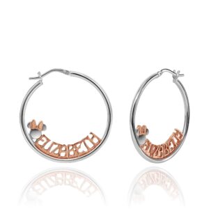 Disney Minnie Mouse Two Tone 18k Rose Flash Plated and Silver Hoop Personalized Custom Name Earrings, Officially Licensed