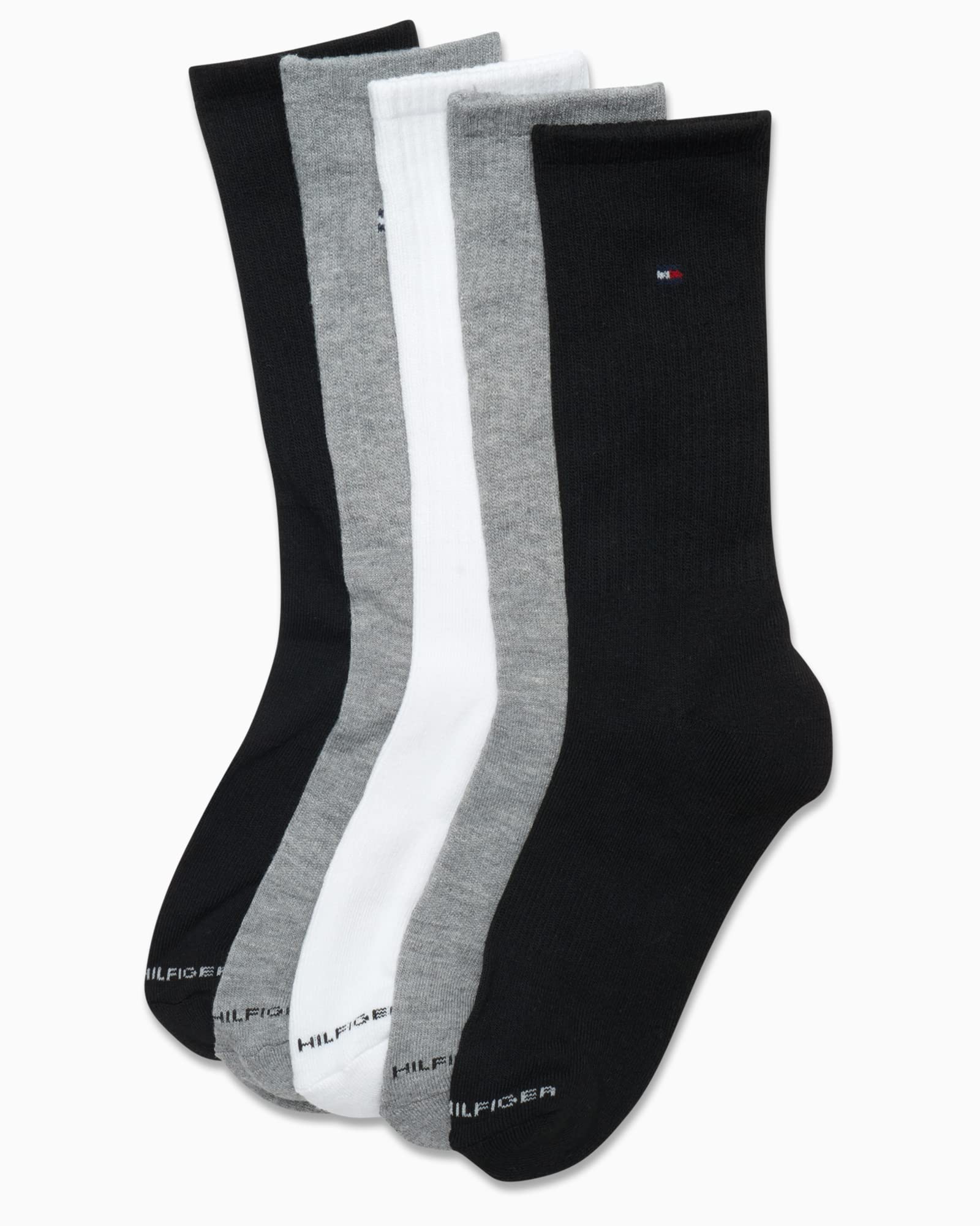 Tommy Hilfiger Men's Athletic Socks - Cushioned Crew Socks (5 Pack), Size 7-12, BlackWhiteGrey