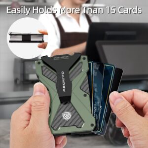 Minimalist Wallet for Men- Slim Aluminum Metal Money Clip with Clear ID Card Holder, RFID Blocking, Holds up 15 Cards with Cash Clip, Ultra-Thin Tactical Carbon Fiber -Army Green