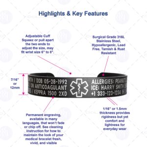 Medical Alert ID Bracelet Cuff 14mm Wide, 316L Stainless Steel - Customize and Personalize 8 Lines with Your Conditions