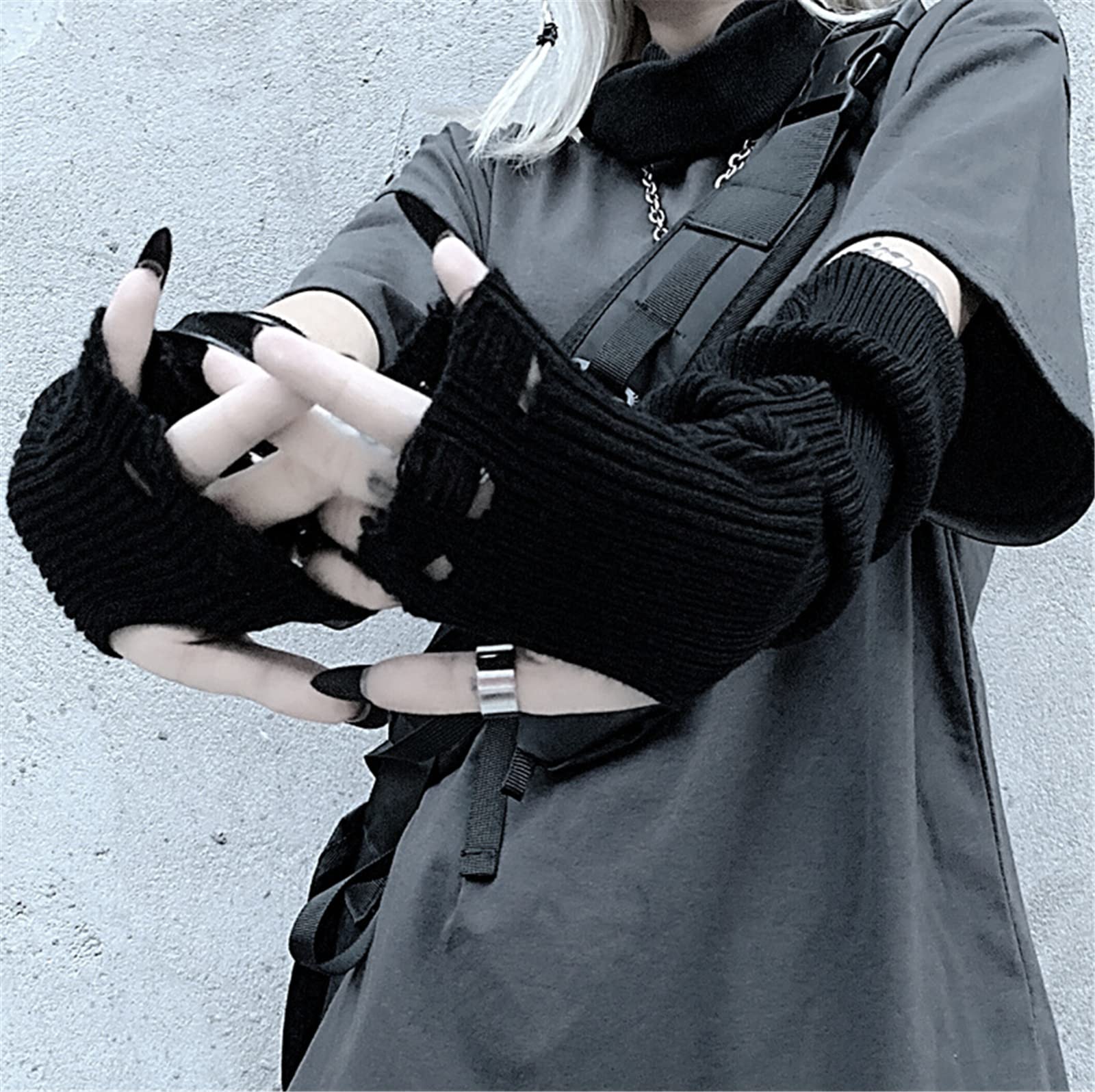 URAWESO Goth Gloves Emo Fingerless Arm Warmers Gothic Steam Punk Thumbhole Ripped Hip Hop Arm Sleeves Cosplay